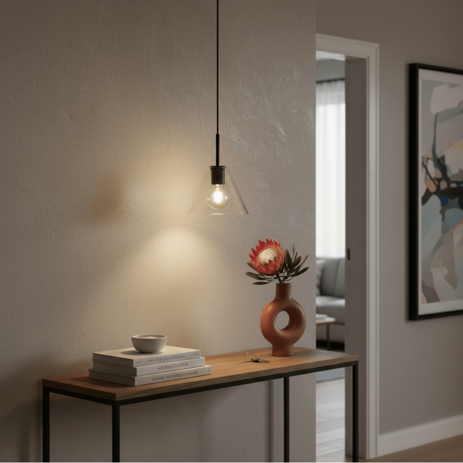 A black funnel pendant light hangs above a wooden console table with decorative items and a plant.
