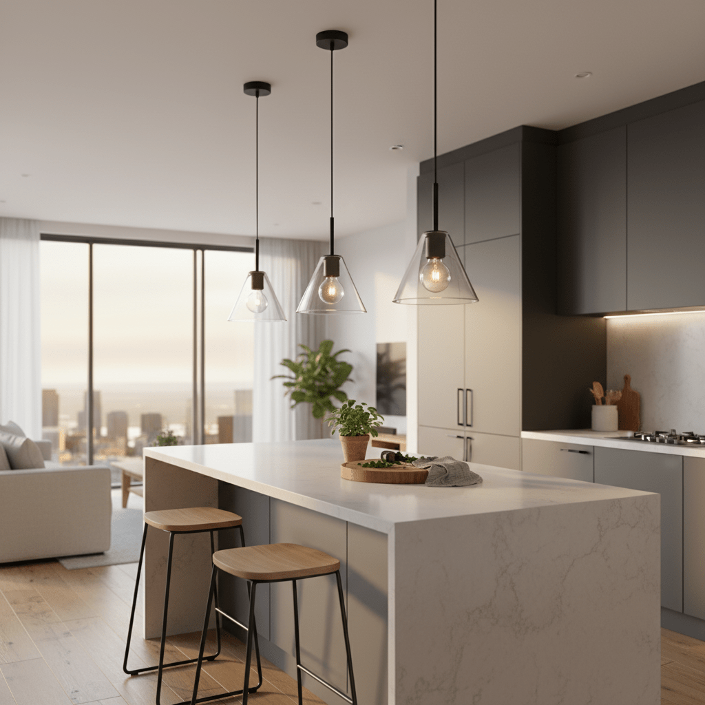 Three black funnel pendant lights hang over a modern kitchen island with a marble countertop and wooden stools.