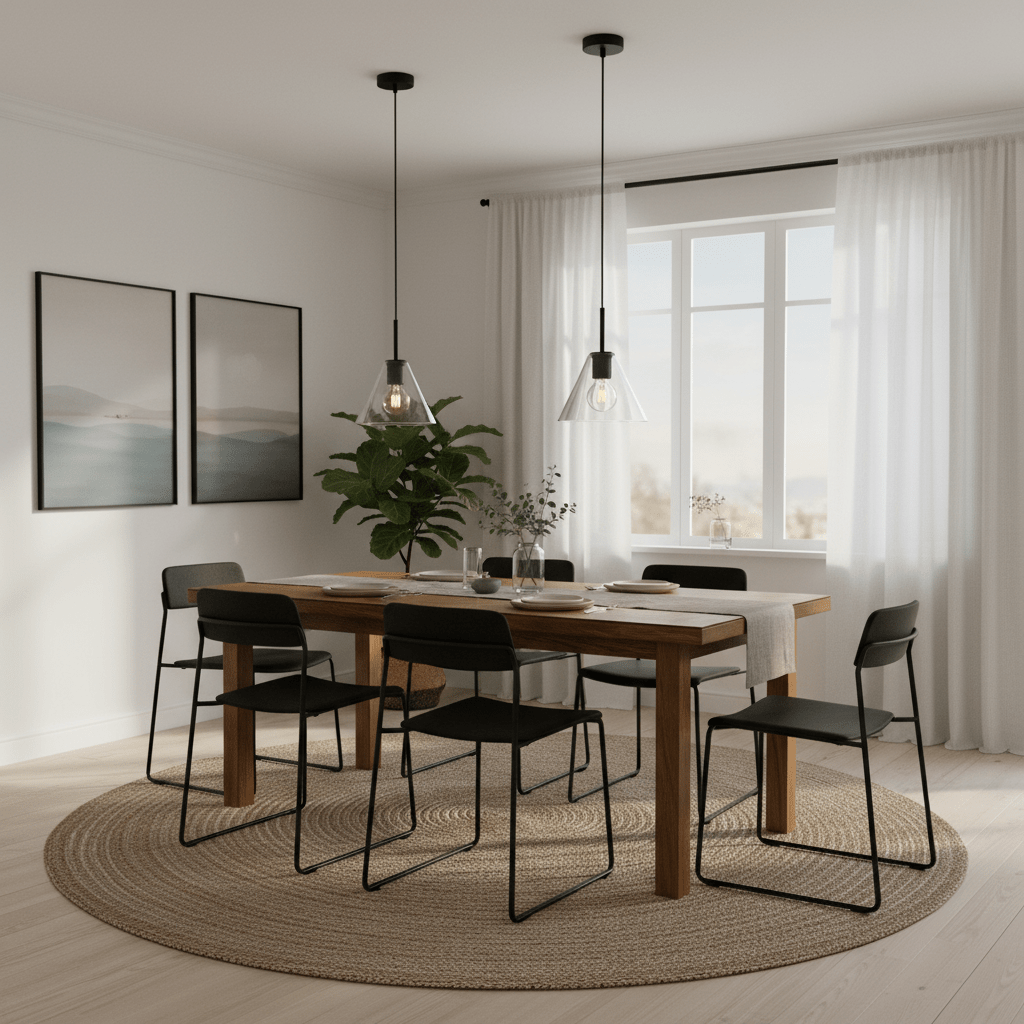 Stylish dining area featuring two black pendant lights above a wooden table with black chairs and a plant.