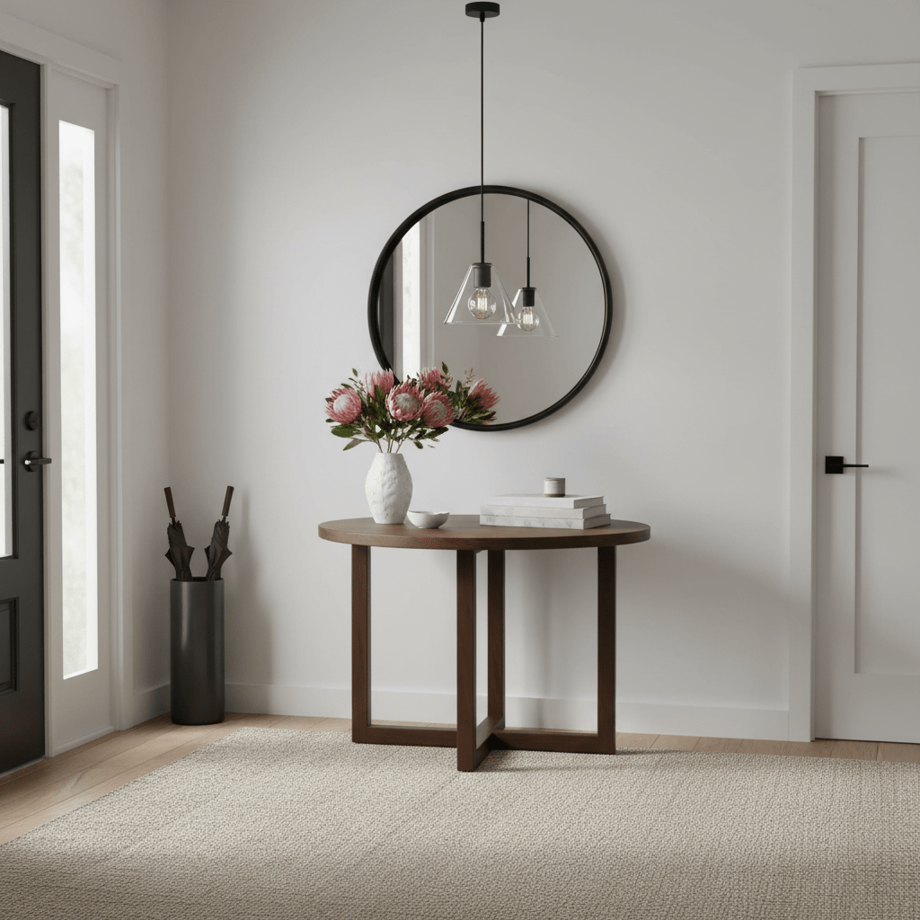 Stylish interior featuring a round wooden table with flowers, a mirror, and a black pendant light.