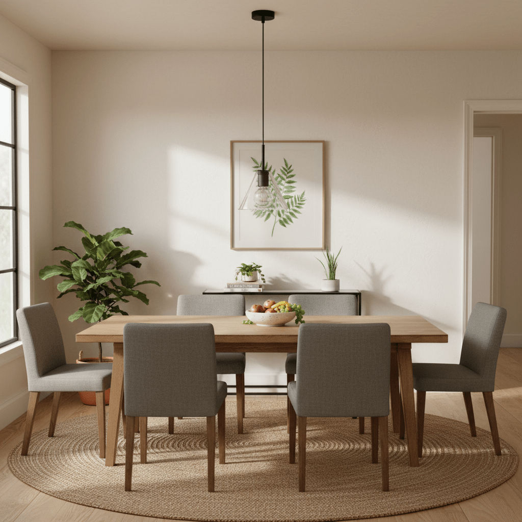 A modern dining room featuring the Trend Funnel Pendant Light - Black above a wooden table with gray chairs and plants.