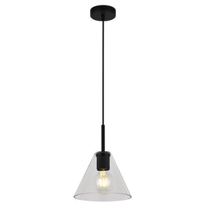 Black funnel-shaped pendant light with clear glass shade, suspended from a black ceiling mount.