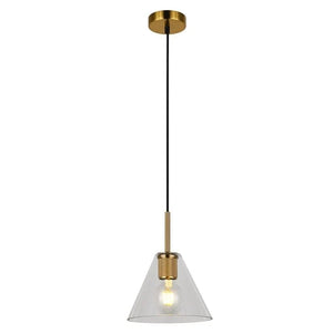 Gold pendant light with clear glass shade, hanging from a ceiling mount, showcasing modern design.