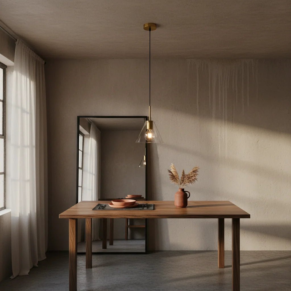 Gold pendant light hanging over a wooden dining table with decorative items and a mirror in the background.