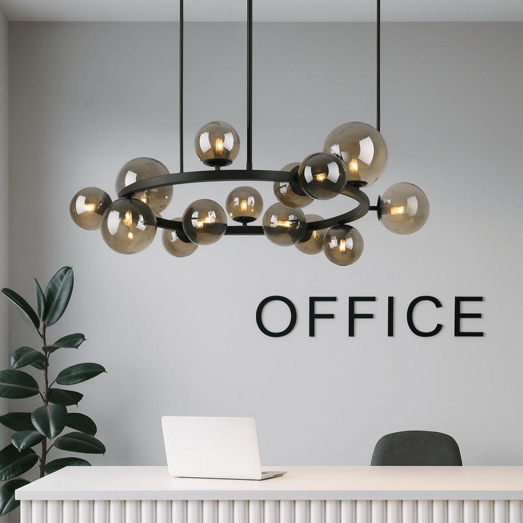 Modern chandelier hanging above a desk with 'OFFICE' text on a gray wall.