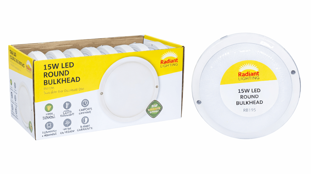 Radiant 15W LED round bulkhead packaging and product on a white background