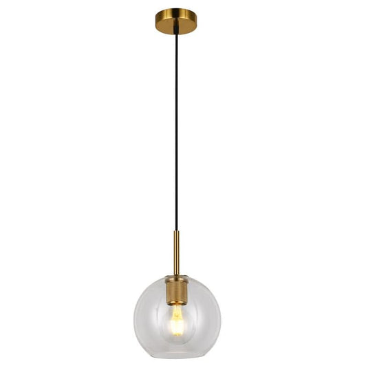 Modern black pendant light with clear glass shade, ideal for dining or kitchen spaces.