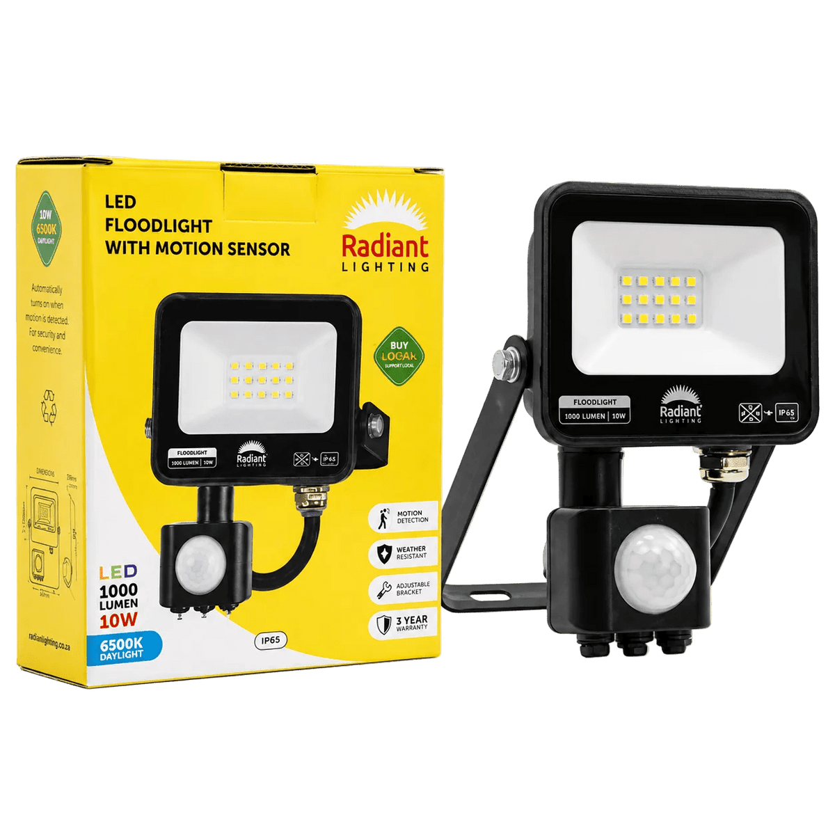 10W Motion Sensor LED Floodlight - Black (6500K, IP65)