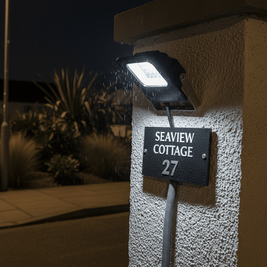 Coastal floodlight illuminating a house number sign at night, showcasing its bright, directional light.
