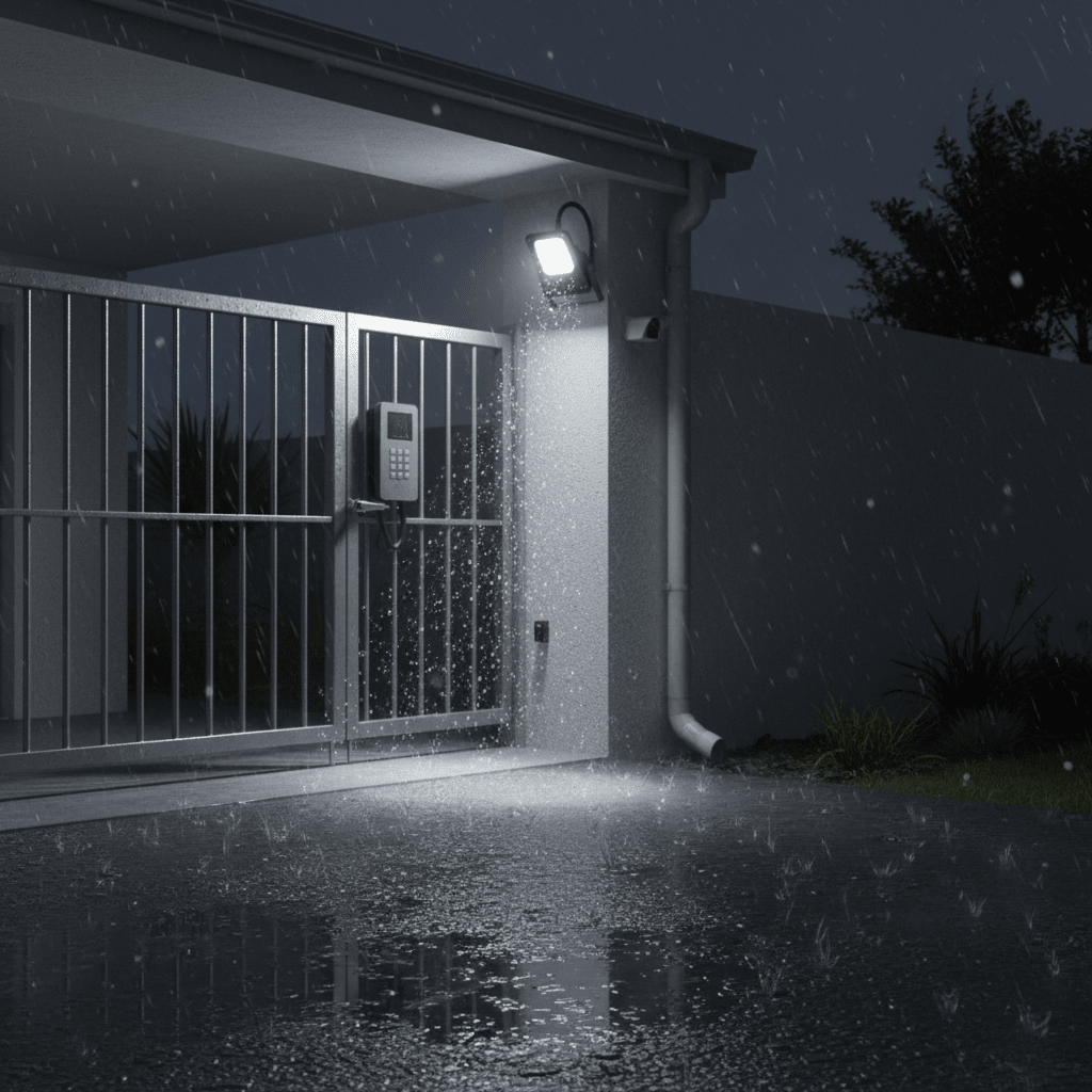 Coastal floodlight illuminating a wet entrance area during rain, showcasing durability and brightness.