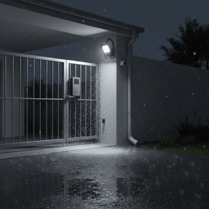 Coastal floodlight illuminating a wet entrance area during rain, showcasing durability and brightness.