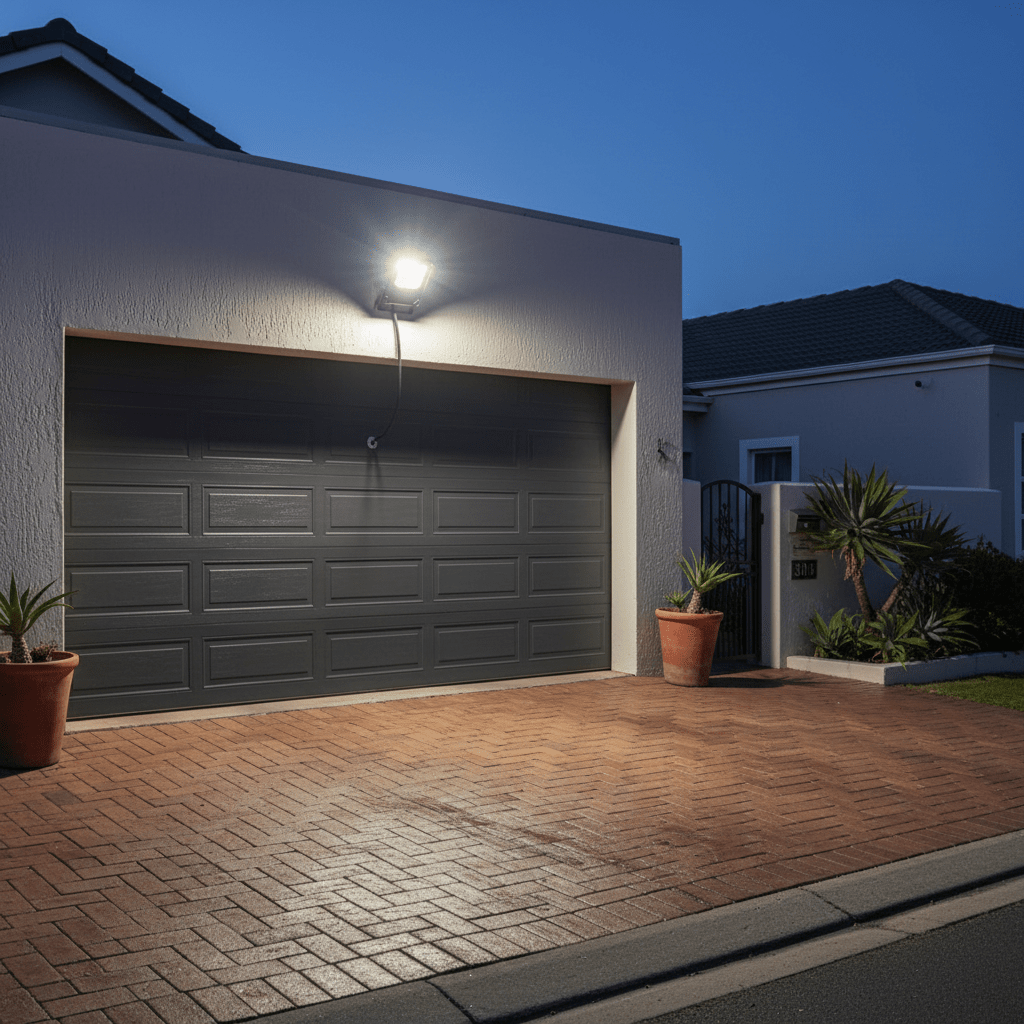 Coastal floodlight illuminating a driveway and garage door at dusk, enhancing visibility and safety.