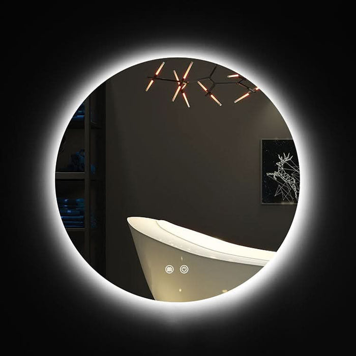 Round LED bathroom mirror glowing softly above a compact vanity in a South African guest cloakroom, neutral walls, warm ambient light, no text, no logos.