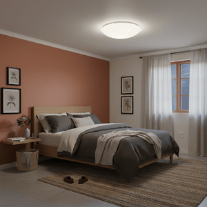 Bedroom with frosted glass ceiling light, wooden bed, and orange accent wall, creating a cozy atmosphere.