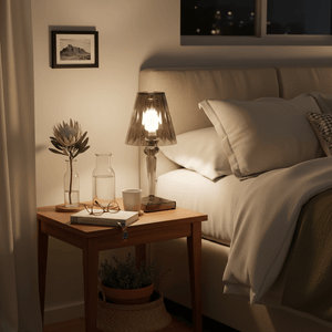 A cozy bedside scene featuring a stylish acrylic table lamp, a water carafe, and a book on a wooden nightstand.