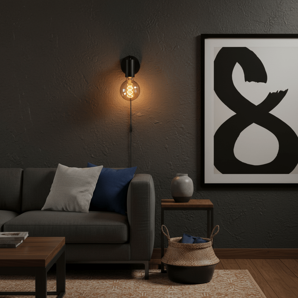 Slick Indoor Wall Lamp mounted on a textured wall, illuminating a cozy lounge area with a sofa and decorative elements.
