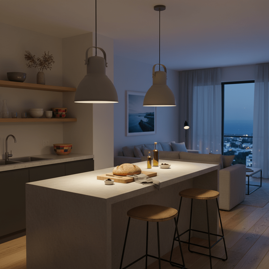 Modern kitchen island with 2 grey pendant lights.