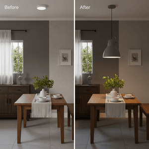 Comparison image showing a dining table before and after installing a grey pendant light, enhancing the ambiance.