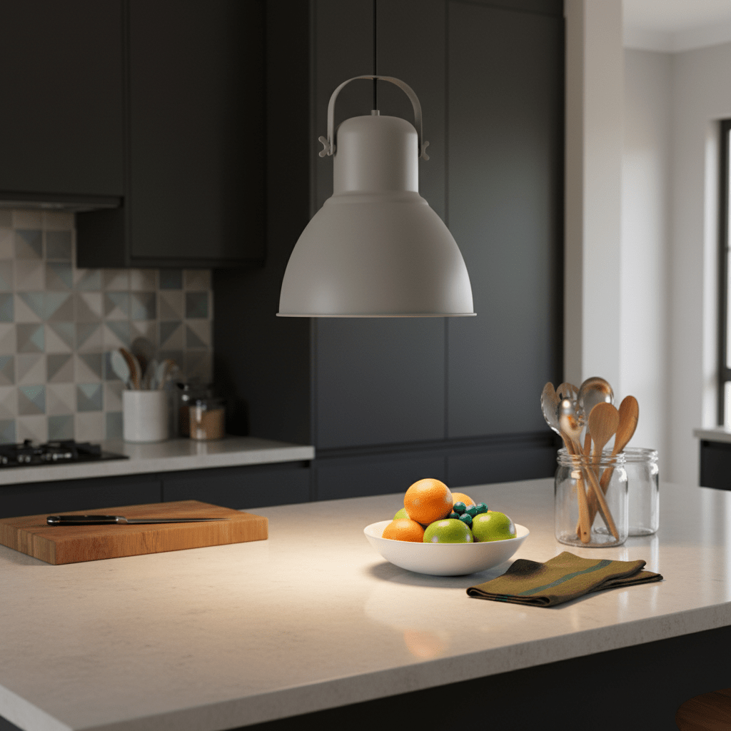 Grey steel pendant light hanging above a kitchen island with a bowl of fruit and utensils in the background.