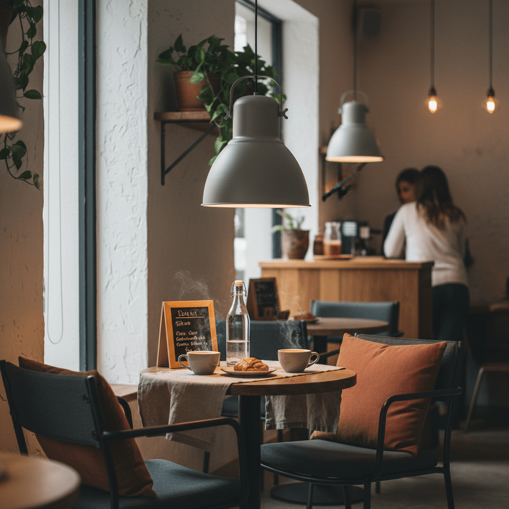 Grey steel pendant light illuminating a cozy café table with coffee and pastries.