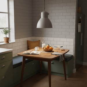 Dining area with a wooden table, chairs, and a grey pendant light in a home setting.