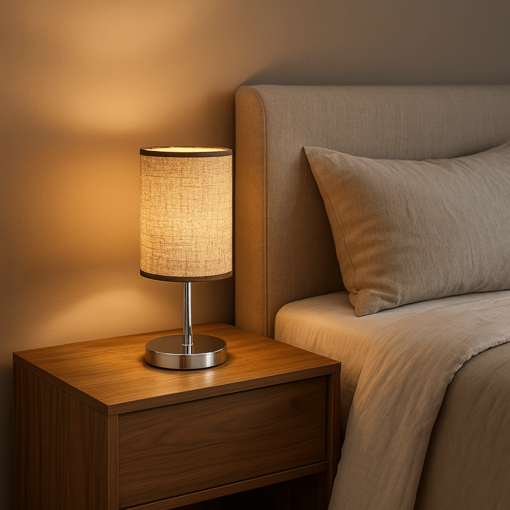Polished chrome table lamp with light brown shade on a wooden bedside table next to a beige bed.