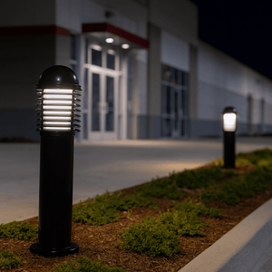 Two modern black base mount bollards with louvre design illuminating a pathway near an entrance at night.
