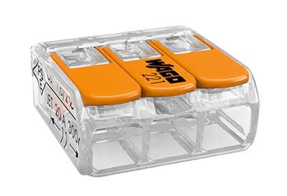 Wago 2-way lever operated compact splicing connector for indoor copper wire connections.