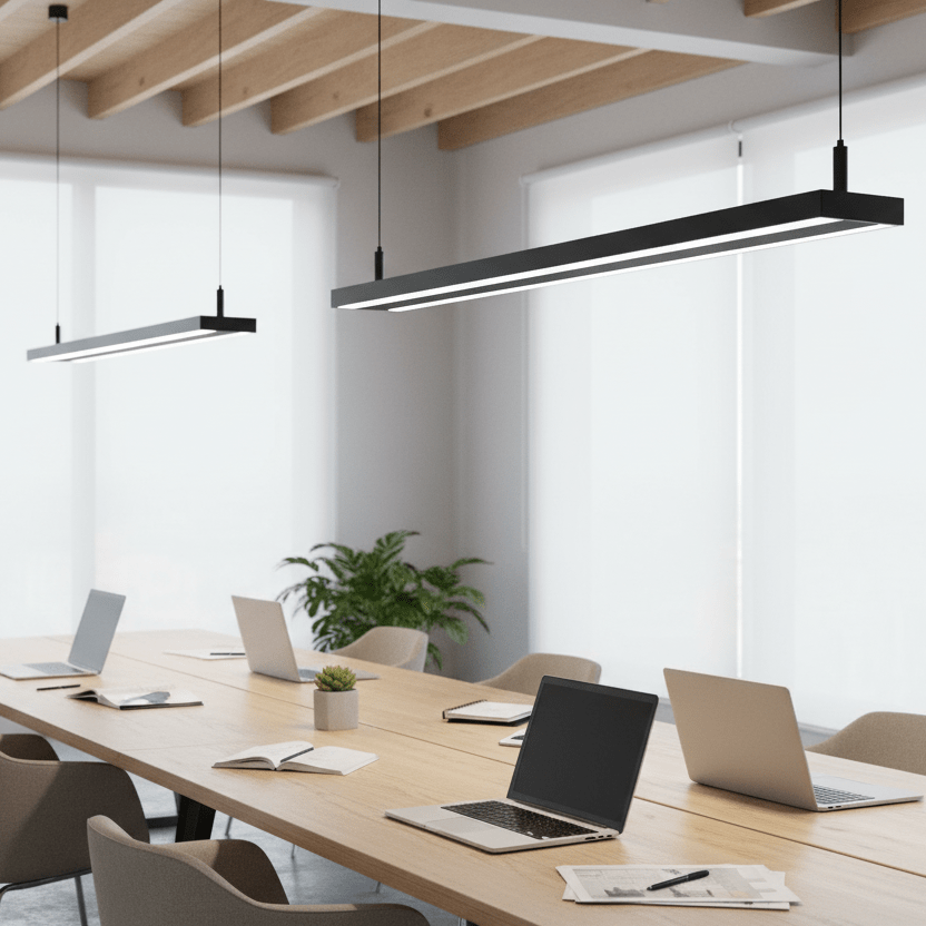 Two slim linear LED pendant lights hang above a modern conference table with laptops and notebooks.