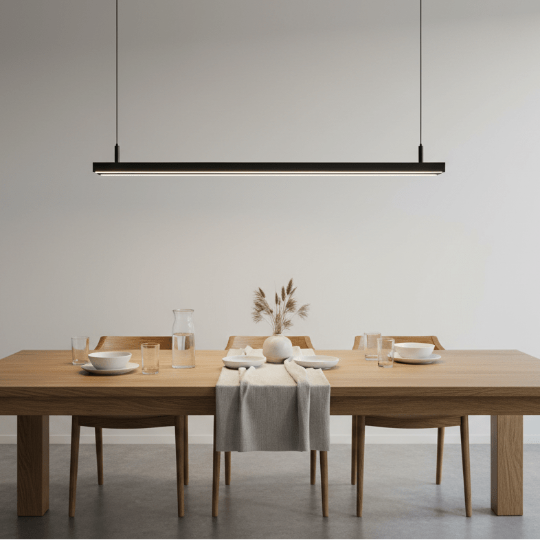 Slim linear LED pendant light suspended above a wooden dining table set with plates and glasses.