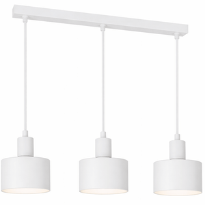 Three pendant lights with white cylindrical shades on a white background