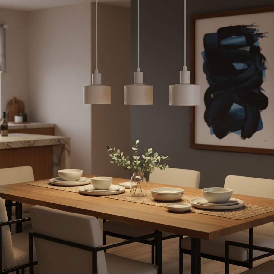Three white metal pendant lights hang over a wooden dining table set with dishes and a vase of greenery.