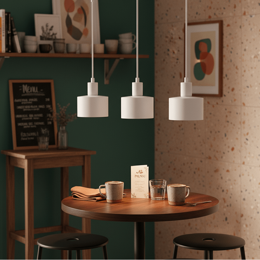 Three white metal pendant lights hang above a wooden table set with cups and a menu.