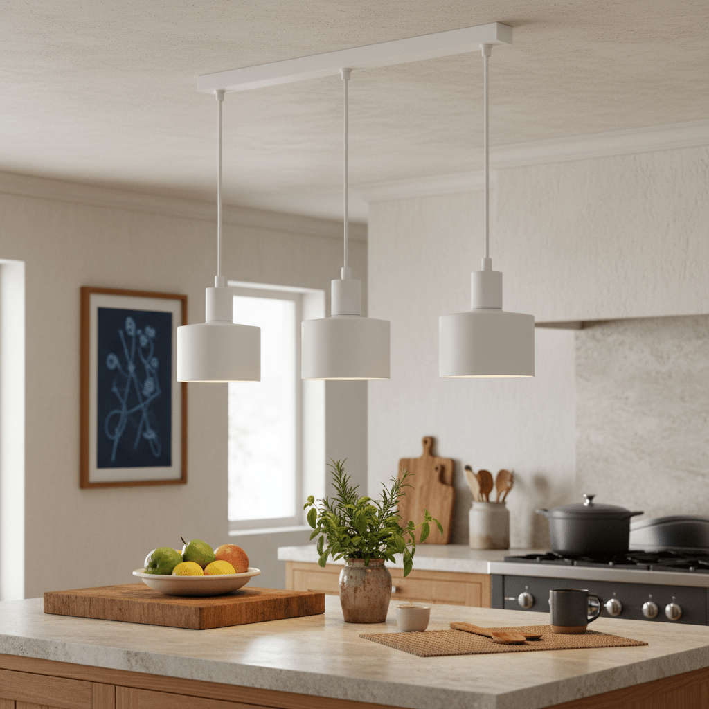 Three white metal pendant lights hang over a kitchen island with a bowl of fruit and a potted plant.