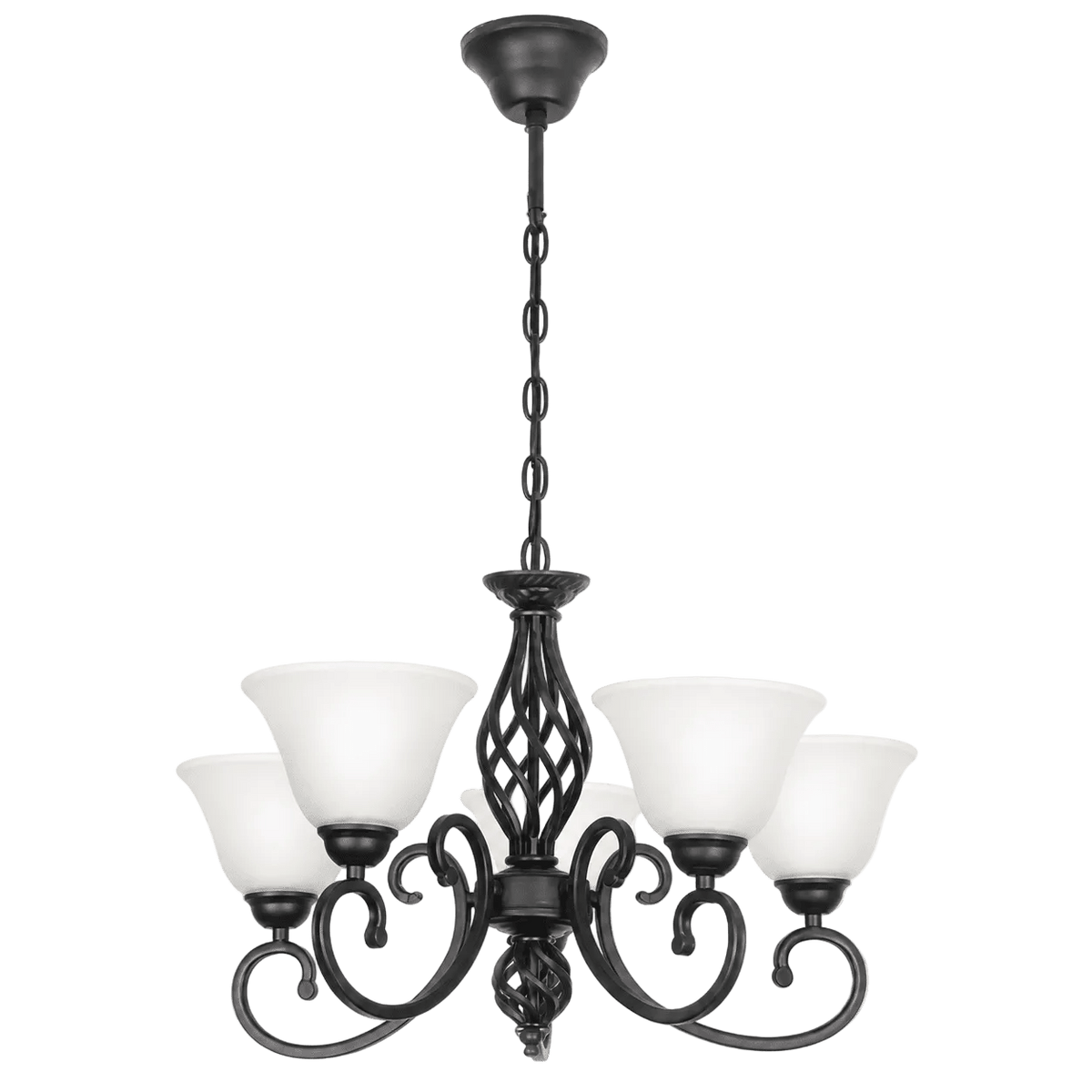 Five-light metal chandelier with a black finish and alabaster glass shades, featuring an ornate design and chain suspension.