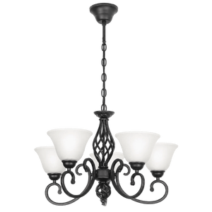 Five-light metal chandelier with a black finish and alabaster glass shades, featuring an ornate design and chain suspension.