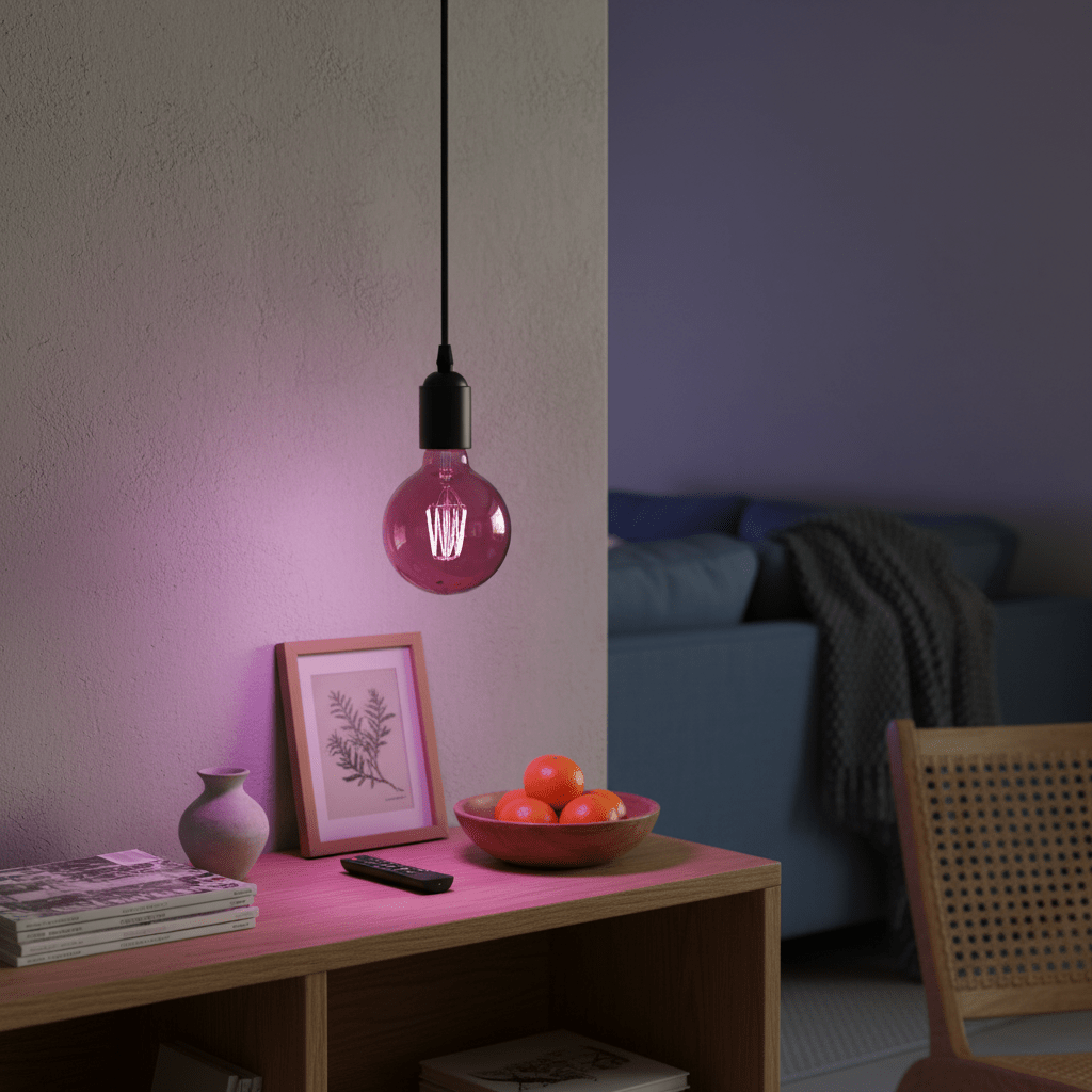 A pink filament bulb hangs above a wooden table with a bowl of oranges and a framed picture.