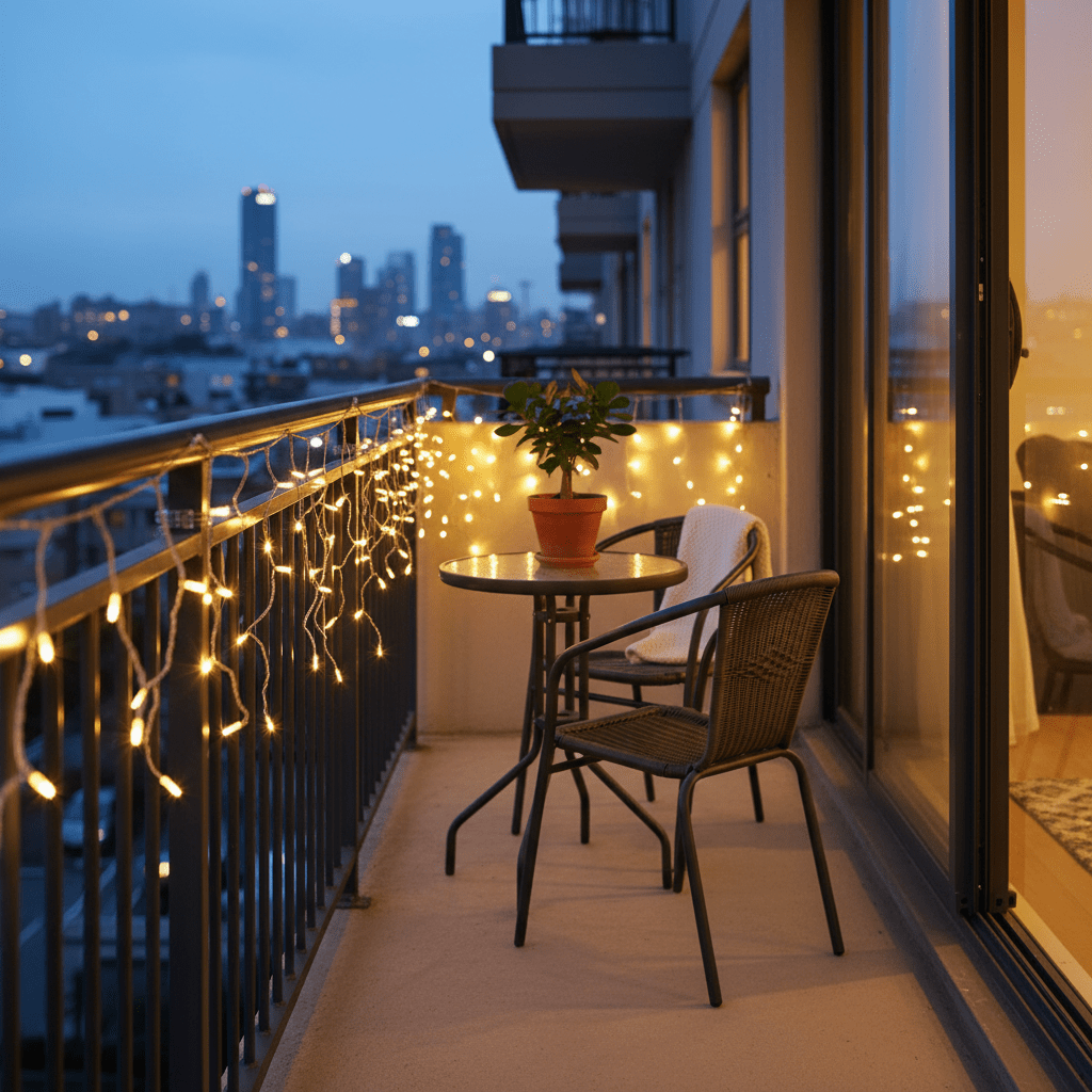 Twinkling icicle lights draped along a balcony railing, illuminating a cozy seating area with a potted plant.