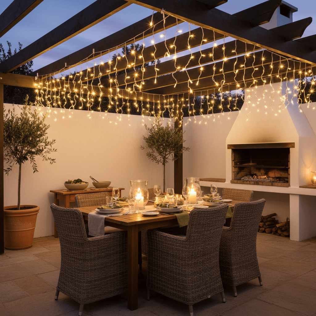 Twinkling icicle lights in warm white hanging above a dining table in an outdoor setting.