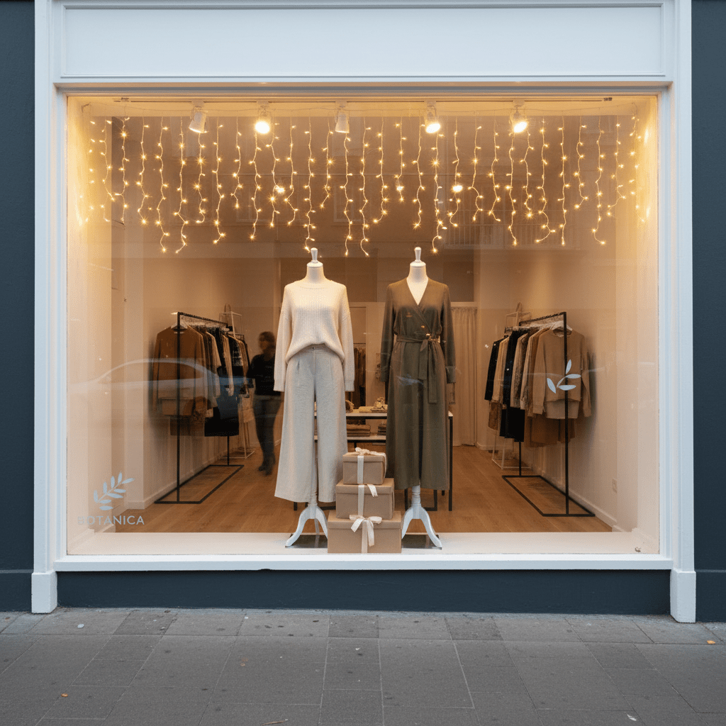 Warm white twinkling icicle lights illuminate a boutique window display with mannequins and clothing.