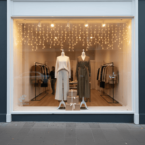 Warm white twinkling icicle lights illuminate a boutique window display with mannequins and clothing.