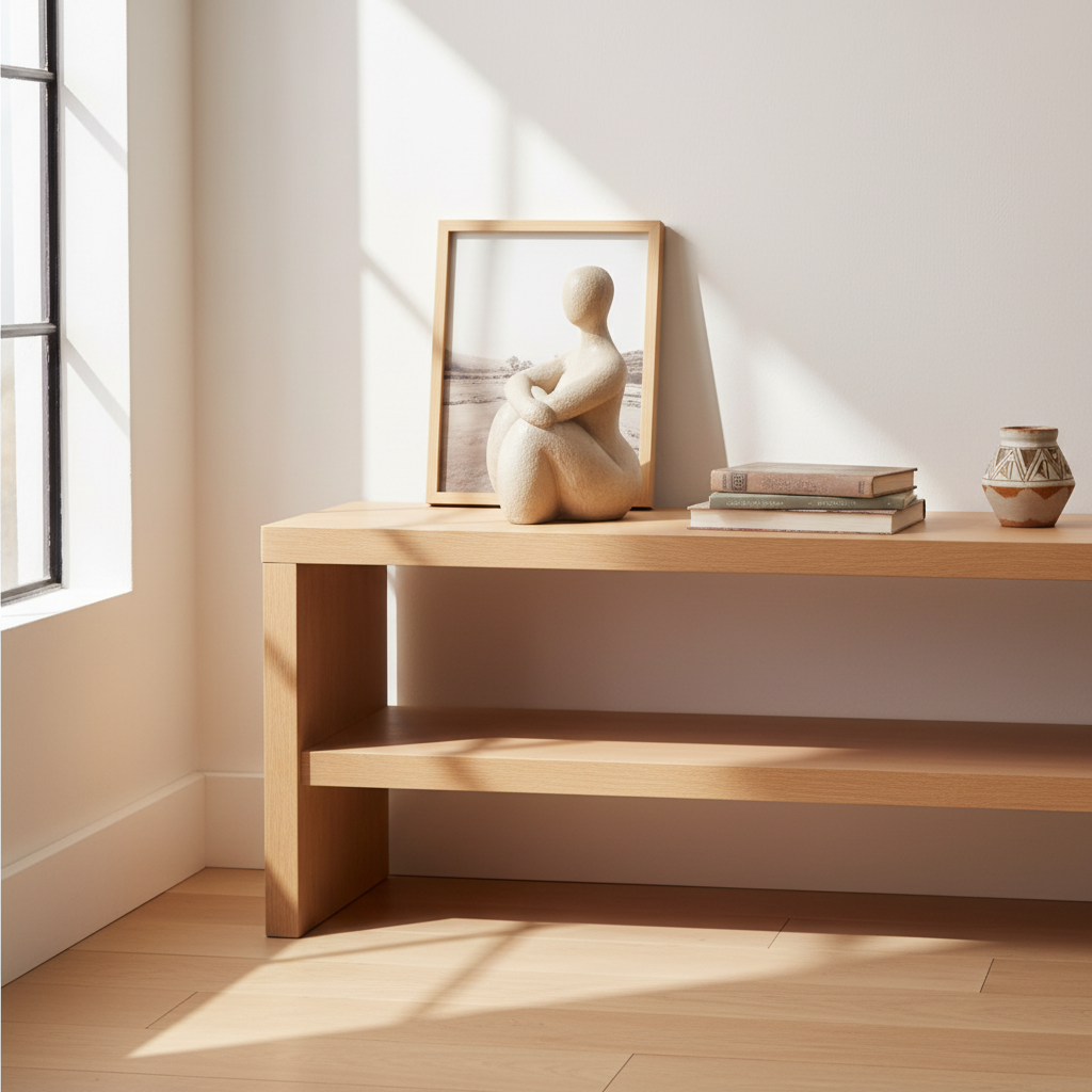 Handcrafted brown figurine of a plus size lady resting on a wooden shelf, surrounded by books and a photo frame.