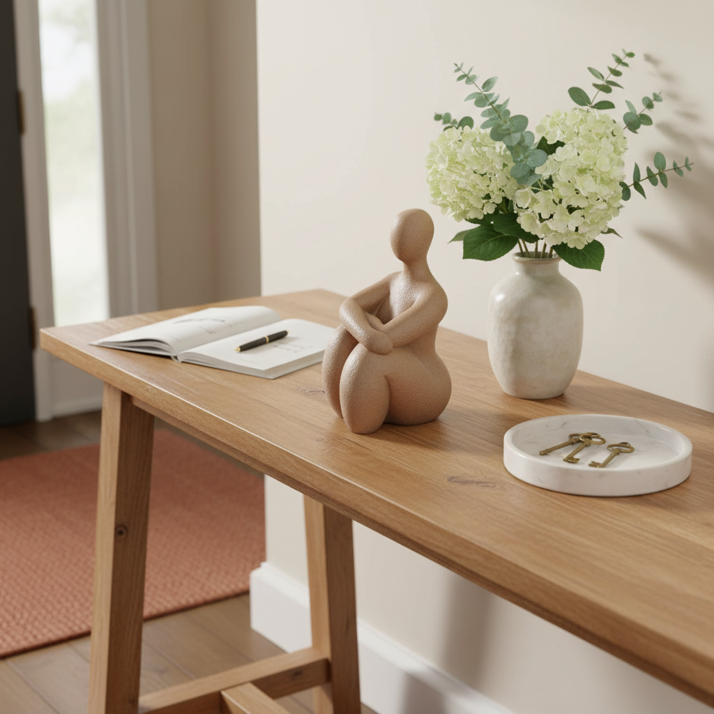Handcrafted brown figurine of a resting lady on a wooden table, accompanied by a vase of flowers and a notebook.
