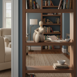 Handcrafted brown figurine of a plus-size lady resting on a wooden shelf, surrounded by books and decor.