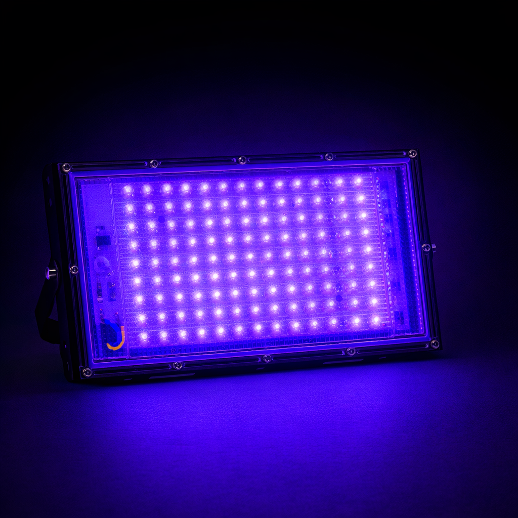 LED light panel emitting a blue-purple glow on a black background