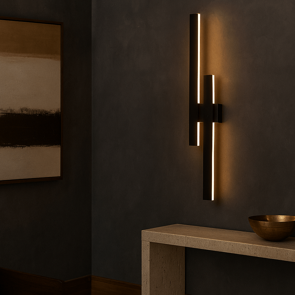 Stylish outdoor wall light mounted on a textured wall, illuminating a modern decor setup with art and a bowl.