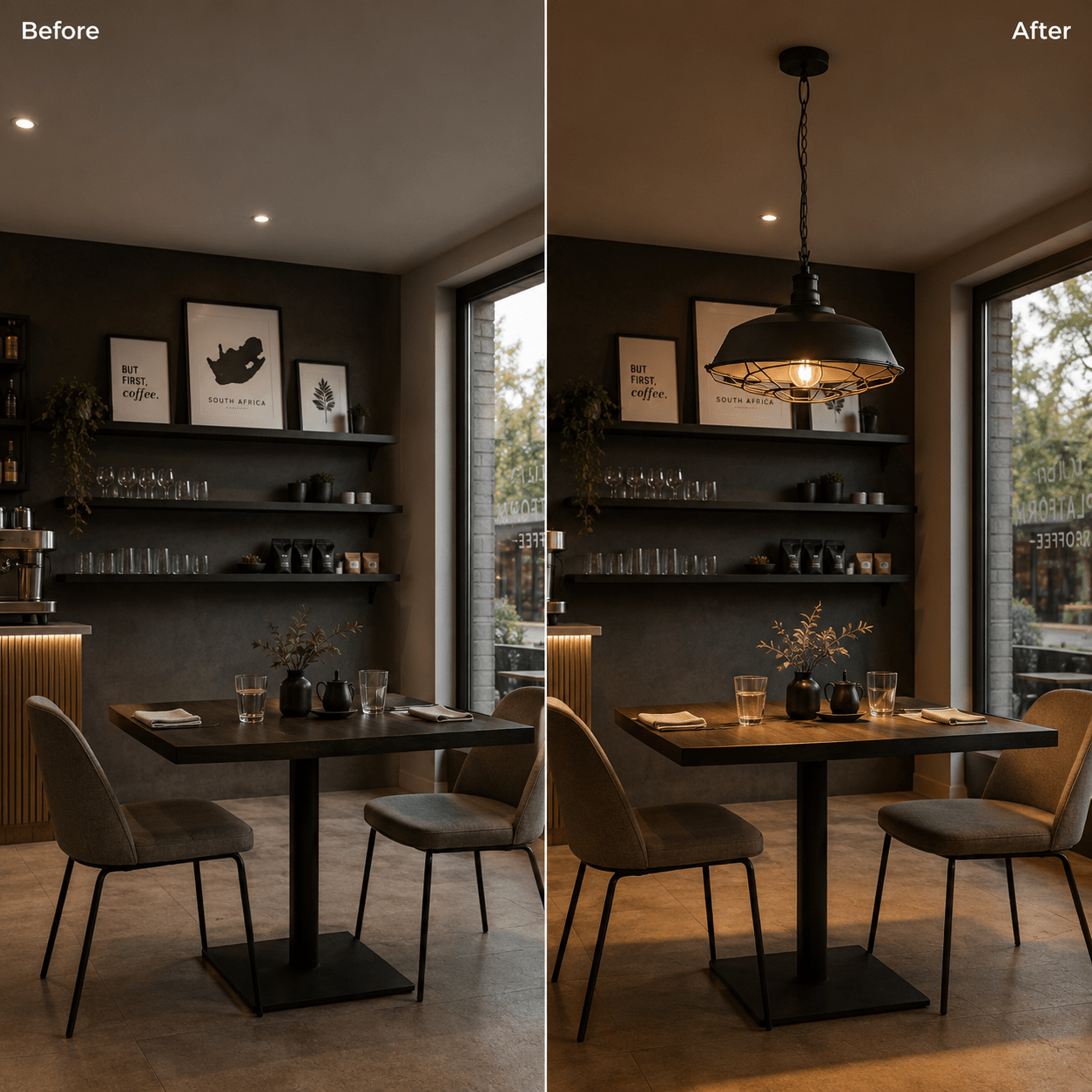 Before and after comparison of a dining area, showcasing the Grid Pendant light enhancing the space.