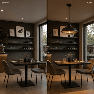 Before and after comparison of a dining area, showcasing the Grid Pendant light enhancing the space.