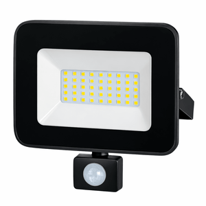 Black LED flood light with motion sensor on a white background