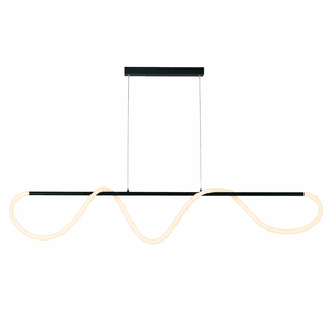 Modern pendant light with black frame and wavy white cables on a white background